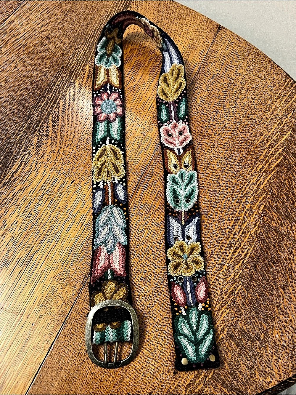 Pistil Embroidered Floral Woven Belt in Black & Multicolor